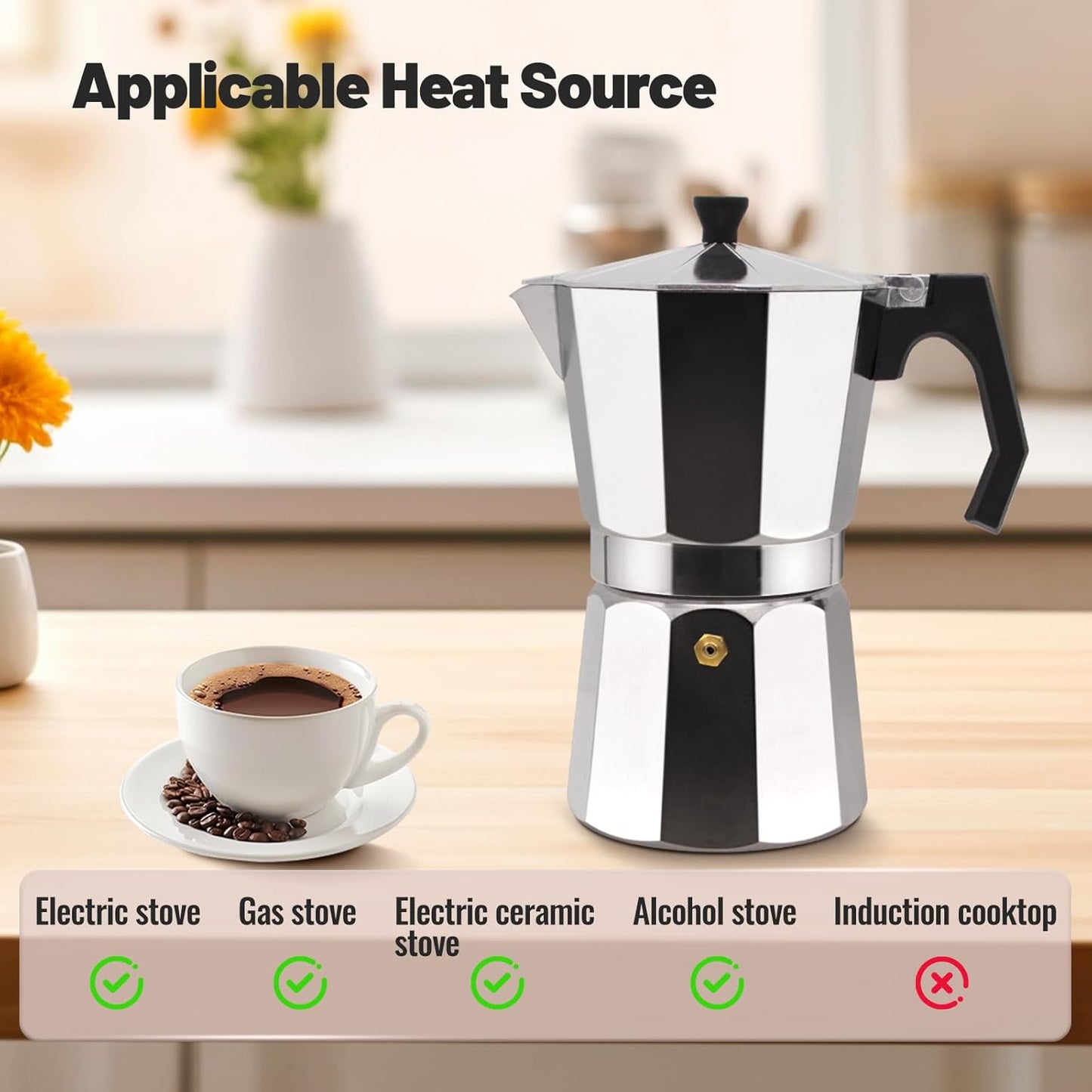 6 Cup Aluminum Moka Pot Classic Stovetop Espresso Coffee Maker 300ml 10oz Coffee maker Percolator Mocha Pot Greca Coffee Maker Cafe Makers for Italian and Cuban Café Brewing Silver