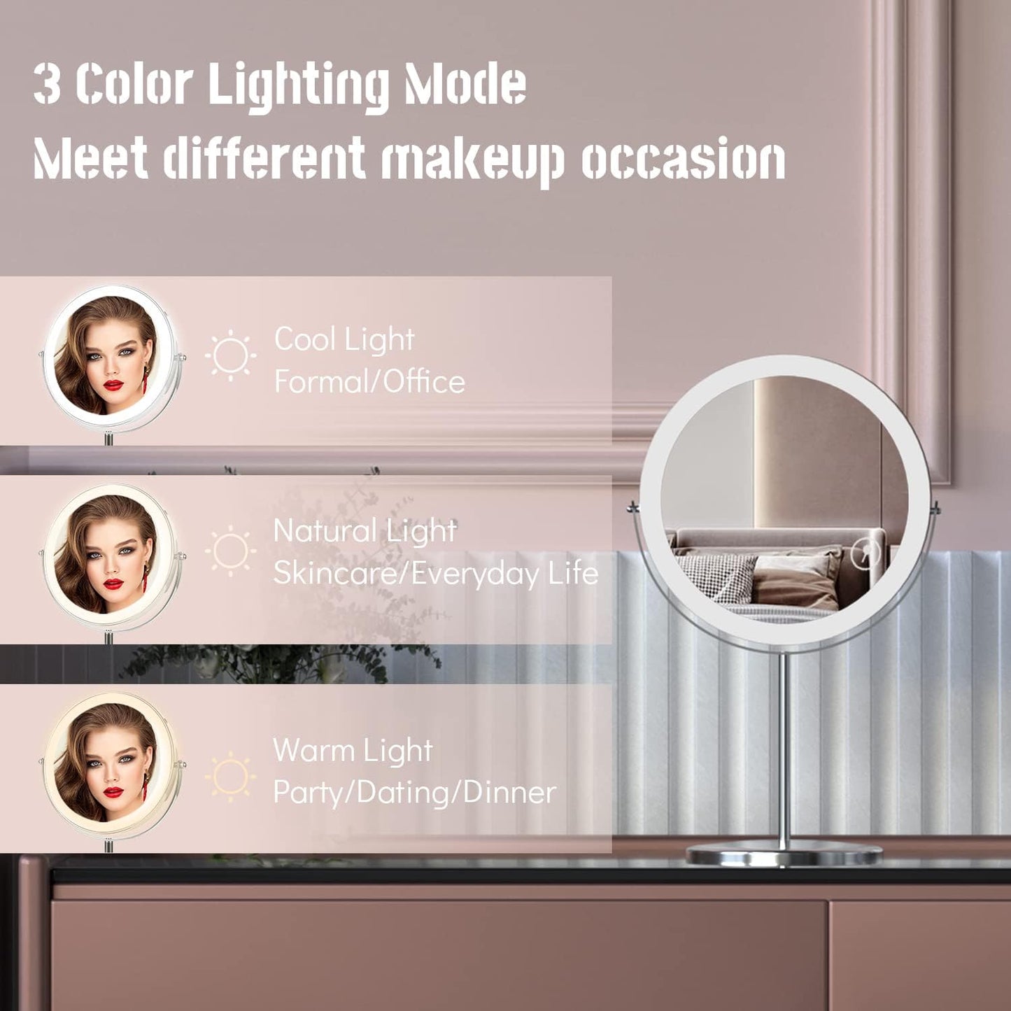 8" Lighted Makeup Mirror with Magnification, 1X/10X Magnifying Mirror with Light, Double Sided 360° Cordless Rechargeable, 3 Colors Brightness Adjustable Makeup Mirror with Lights with 52 LED(Silver)