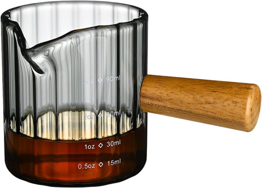 Glass Measuring Cup, 3oz Espresso Shot Glass with Wood Handle, Single Spout Measuring Cups Pitcher Milk Cup Coffee Shot Glasses (Gray Ribbed)