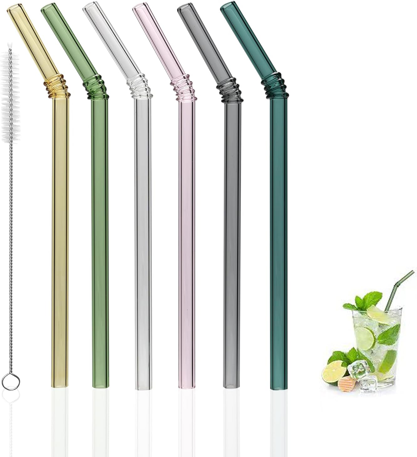 Curved Stained Glass Straws with Designs, 6-Pack Reusable, Approximately 9 Inches Long, 8MM Diameter, Shatterproof and Heat-Resistant, Includes 2 Cleaning Brushes.