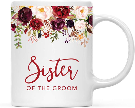 Andaz Press 11oz. Wedding Ceramic Coffee Tea Mug Gift, Fall Autumn Marsala Burgundy Flowers Roses Florals, Sister of the Groom, 1-Pack, Includes Gift Box