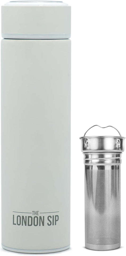 London Sip 16.9 oz Multi-Purpose Tea Infuser Mug – Fruit Infuser Water Bottle for Hot and Cold – Double Wall Stainless Steel Insulated, Pearl White