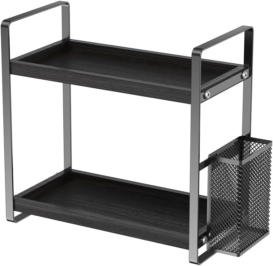 Bathroom Counter Organizer, Wood Vanity Trays with Basket, Skincare Countertop Organizers, Large Capacity Makeup and Perfume Organizer