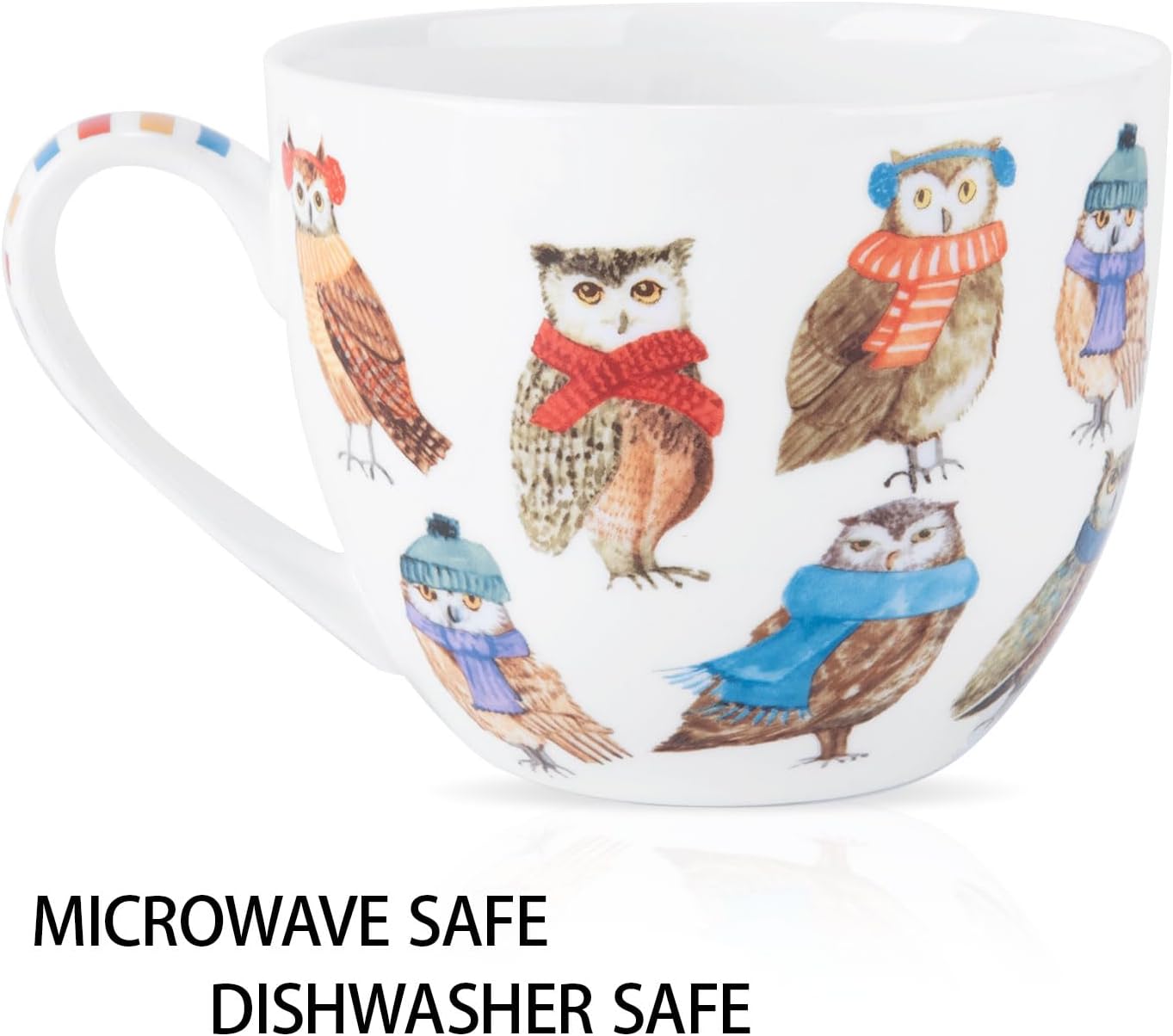 Cute Owl Coffee Mug, 20 oz Premium Bone China Mug with Charming Owls in Color Scarves and Hats—Cozy, Wise, and Perfect for Bird Enthusiasts, Designed in England by Harvest Green Studio