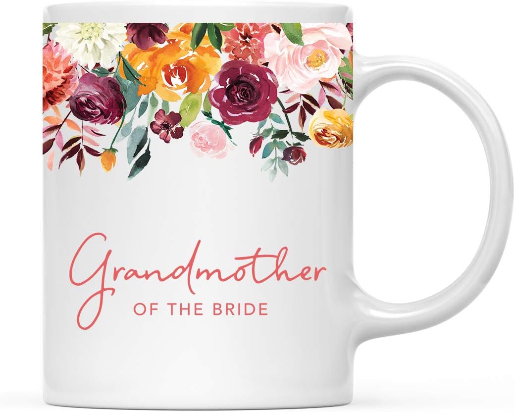Andaz Press 11oz. Wedding Ceramic Coffee Tea Mug Gift, Fall Autumn Burgundy Orange Peach Flowers Roses Florals, Grandmother of the Bride, 1-Pack, Includes Gift Box