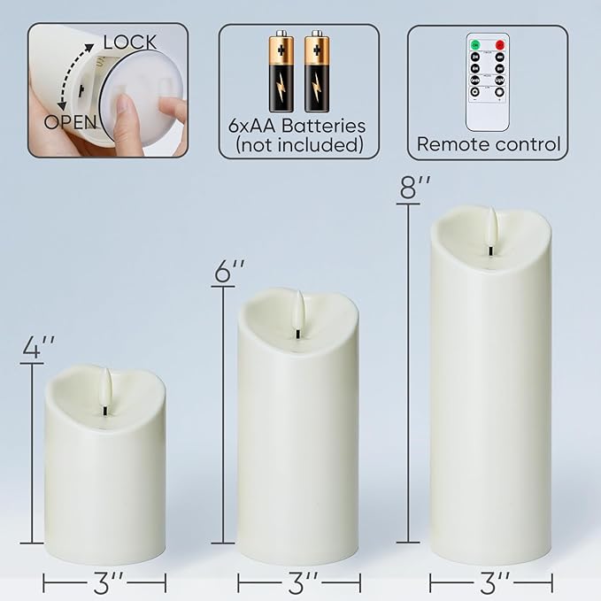 Homemory Flameless Candles with Timer and Remote Control, Battery Operated LED Candles, Realistic Fake Plastic Candles for Wedding, Festival, Home Decor, Waterproof Outdoor, D3”H4”6”8”