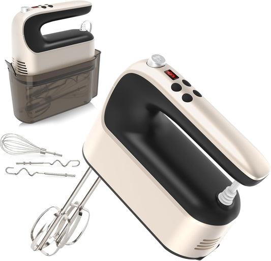9-Speed Digital Hand Mixer Electric, 400W Powerful DC Motor, Baking Mixer Handheld with Snap-On Storage Case, 5 Stainless Steel Accessories, Flat Beaters, Dough Hooks, Whisk (Champagne Gold)