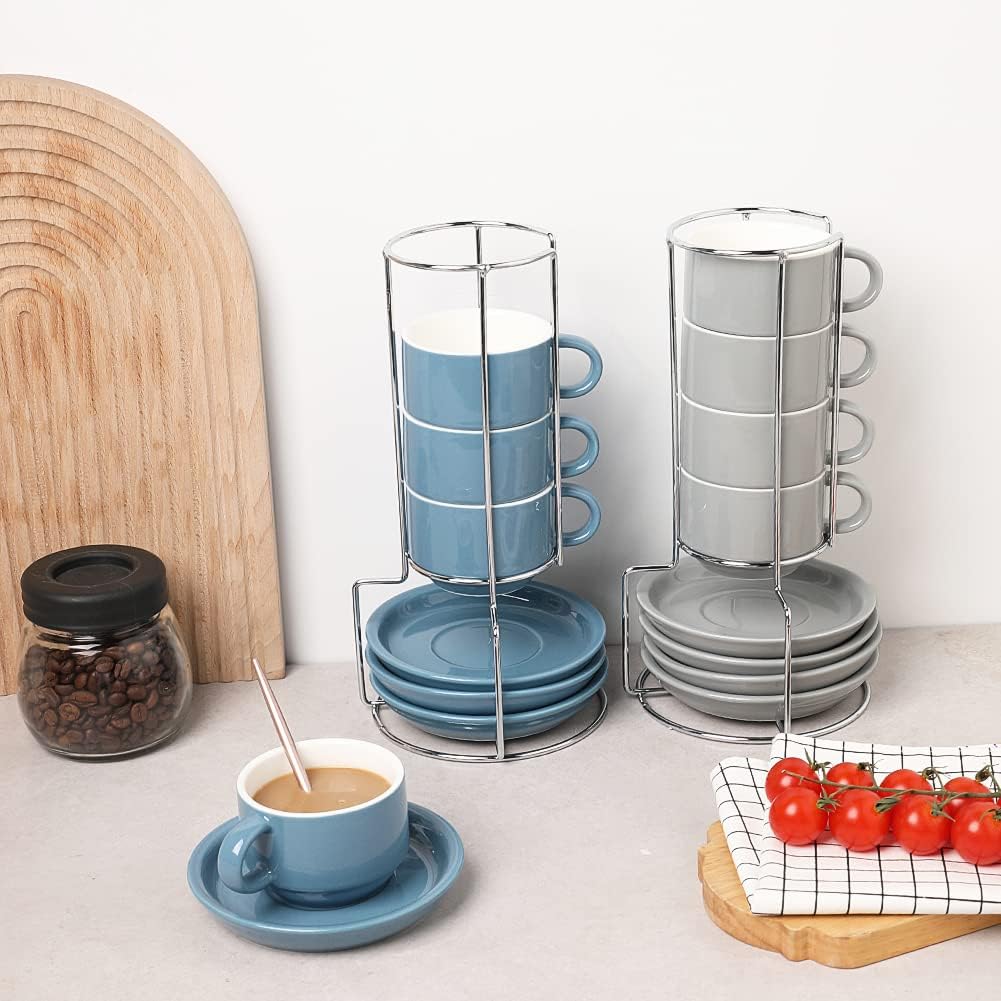 Sweejar Porcelain Espresso Cups with Saucers, 4 Ounce Stackable Cappuccino Cups with Metal Stand for Coffee Drinks, Latte, Tea - Set of 4 (Gray)