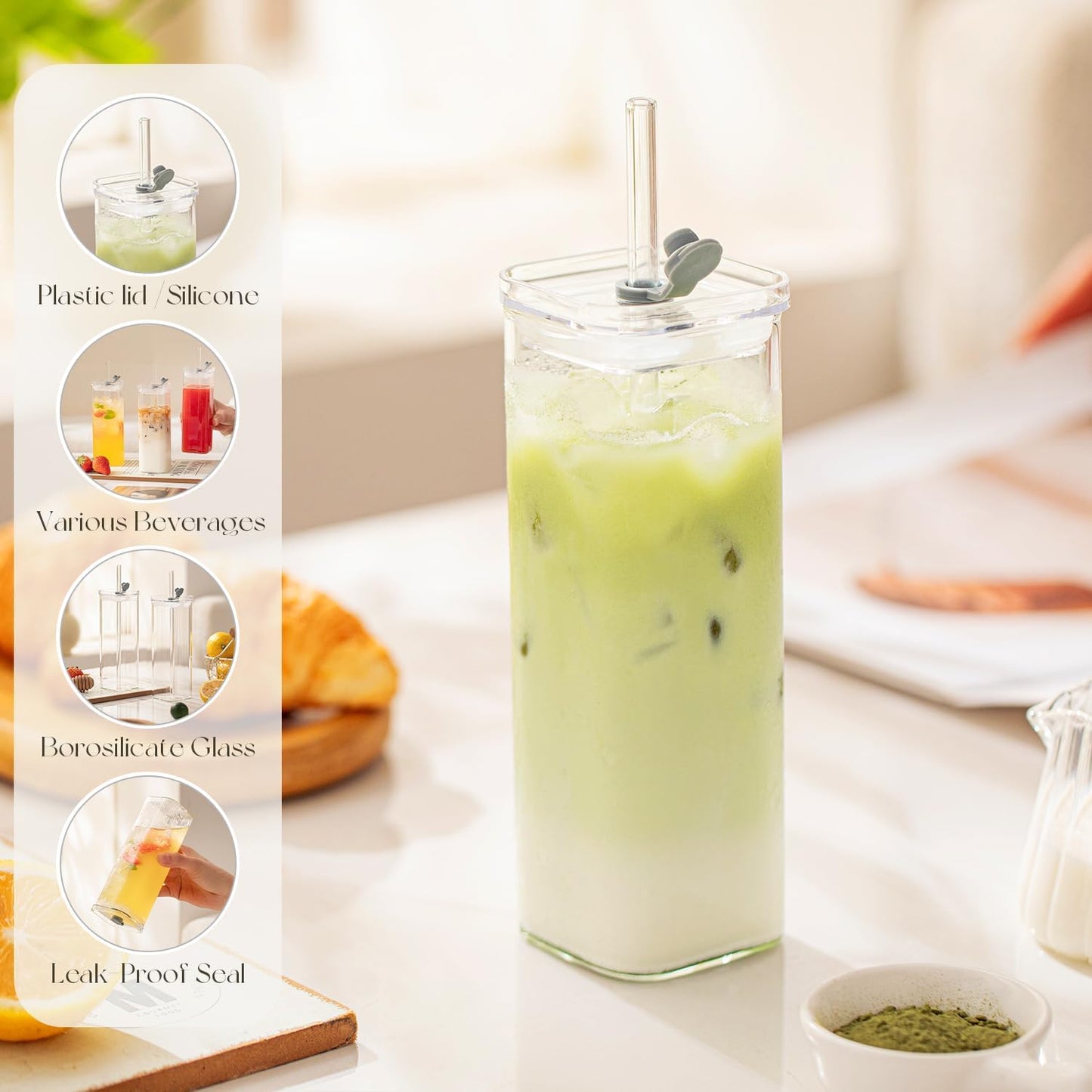 6 Sets Square Drinking Glass Cups, Old Fashioned Glasses, 17 Oz Square Glasses, Clear Highball Modern Glassware Tumbler Mixed Drinkware with Straws for Cocktail Coffee Juice Beer (Square-6PCS)