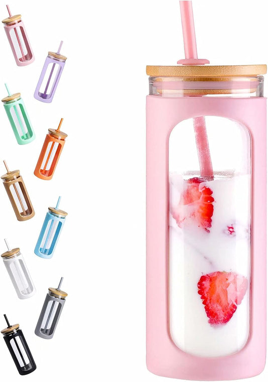 Kodrine 20oz Glass Water Tumbler with Straw and Lid, Bamboo Lids Water Bottle, Iced Coffee Cup Reusable, Wide Mouth Smoothie Cups with Protective Silicone Sleeve BPA FREE-Pink