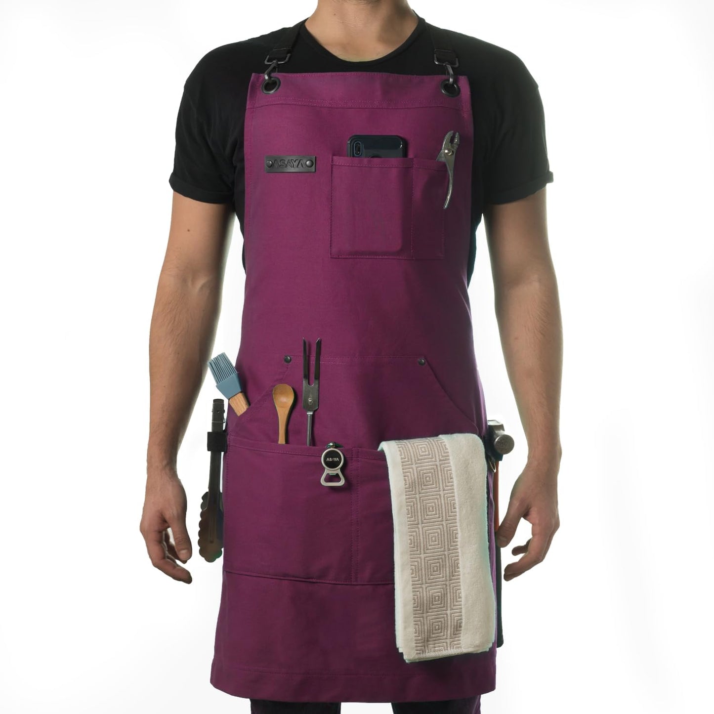 Asaya Chef and BBQ Apron with Bottle Opener and Hand Towel - 10oz Cotton Canvas, Stainless Steel Hardware - Cross Back Straps