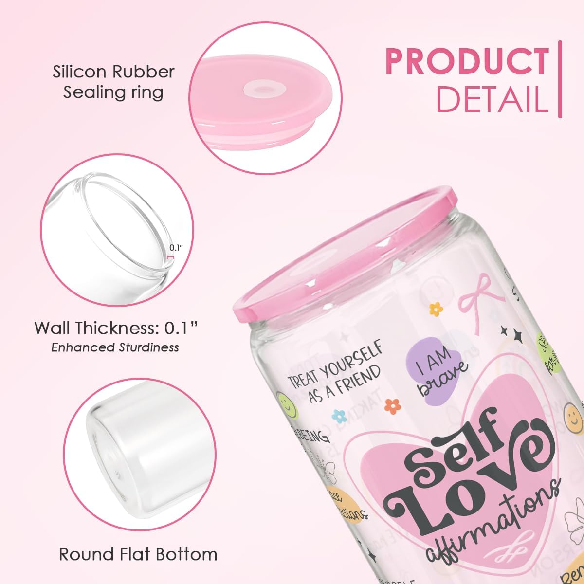 SANDJEST Inspiration Glass Can, Self Love Iced Coffee Aesthetic Cup, Gifts for Christmas Birthday, Gift for Women Girls, 16oz