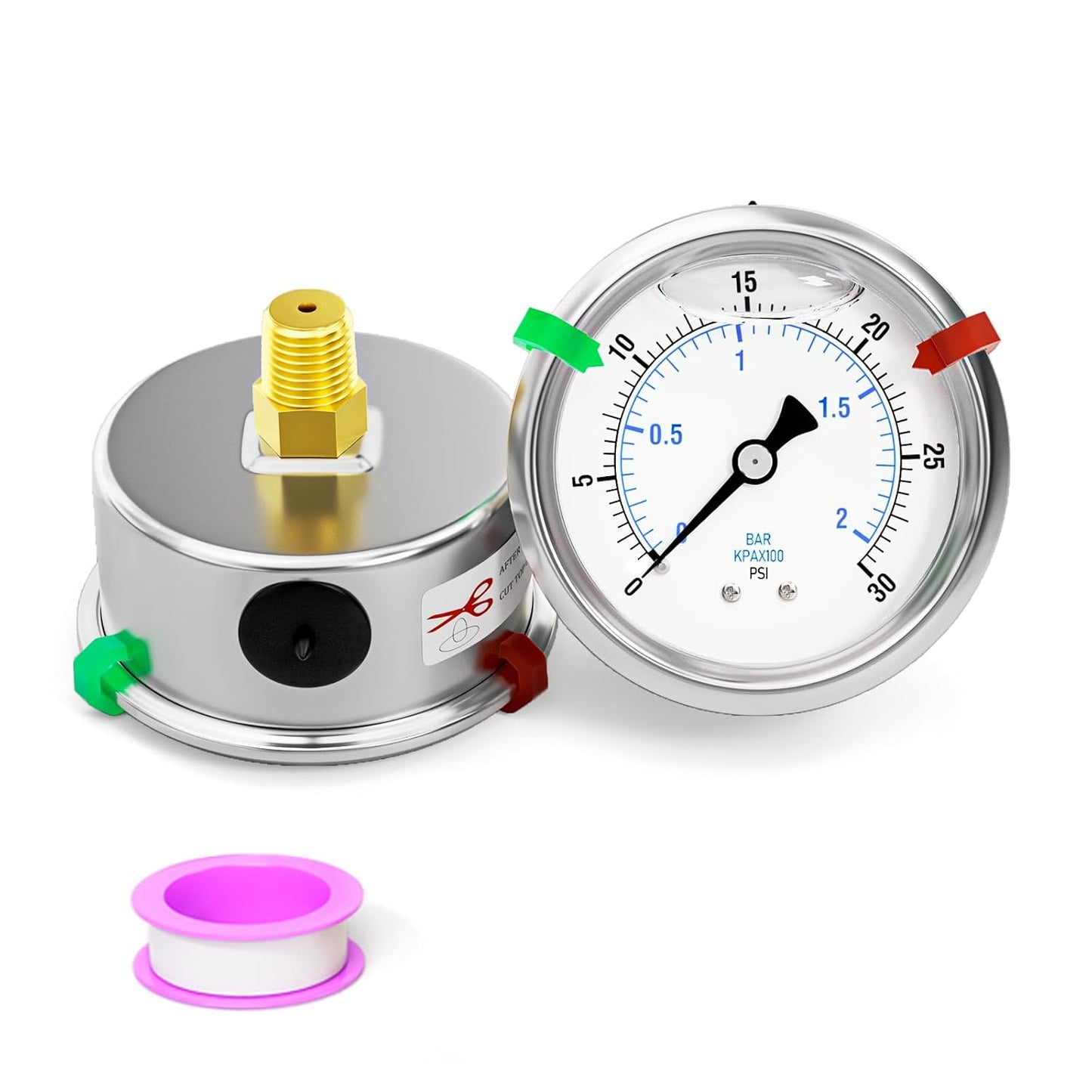 0-30psi Stainless Steel Glycerin Liquid Filled Pressure Gauge 1/4" NPT 2.5" Face Dial Center Back Mount, for Water, Oil and Air Pressure Testing (with Range Mark Pointer)