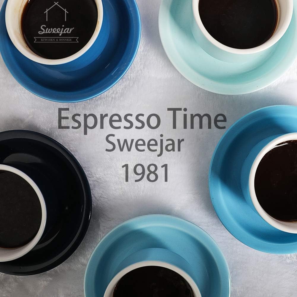 Sweejar Porcelain Espresso Cup & Saucer Set, Stackable Demitasse Cups with Metal Stand, 2.5 OZ for Latte,Coffee,Cafe Mocha,Tea, Set of 6(Blue)