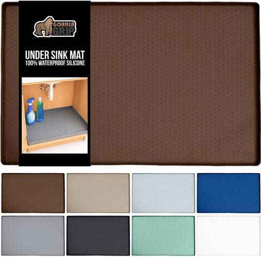 GORILLA GRIP Waterproof Silicone Under Sink Mat with Raised Lip for Kitchen and Bathroom, Cabinet Shelf Liner Stay in Place Mats Dishwasher Safe Drawer Liner, Organizer Tray, 19 x 22 in, Coffee