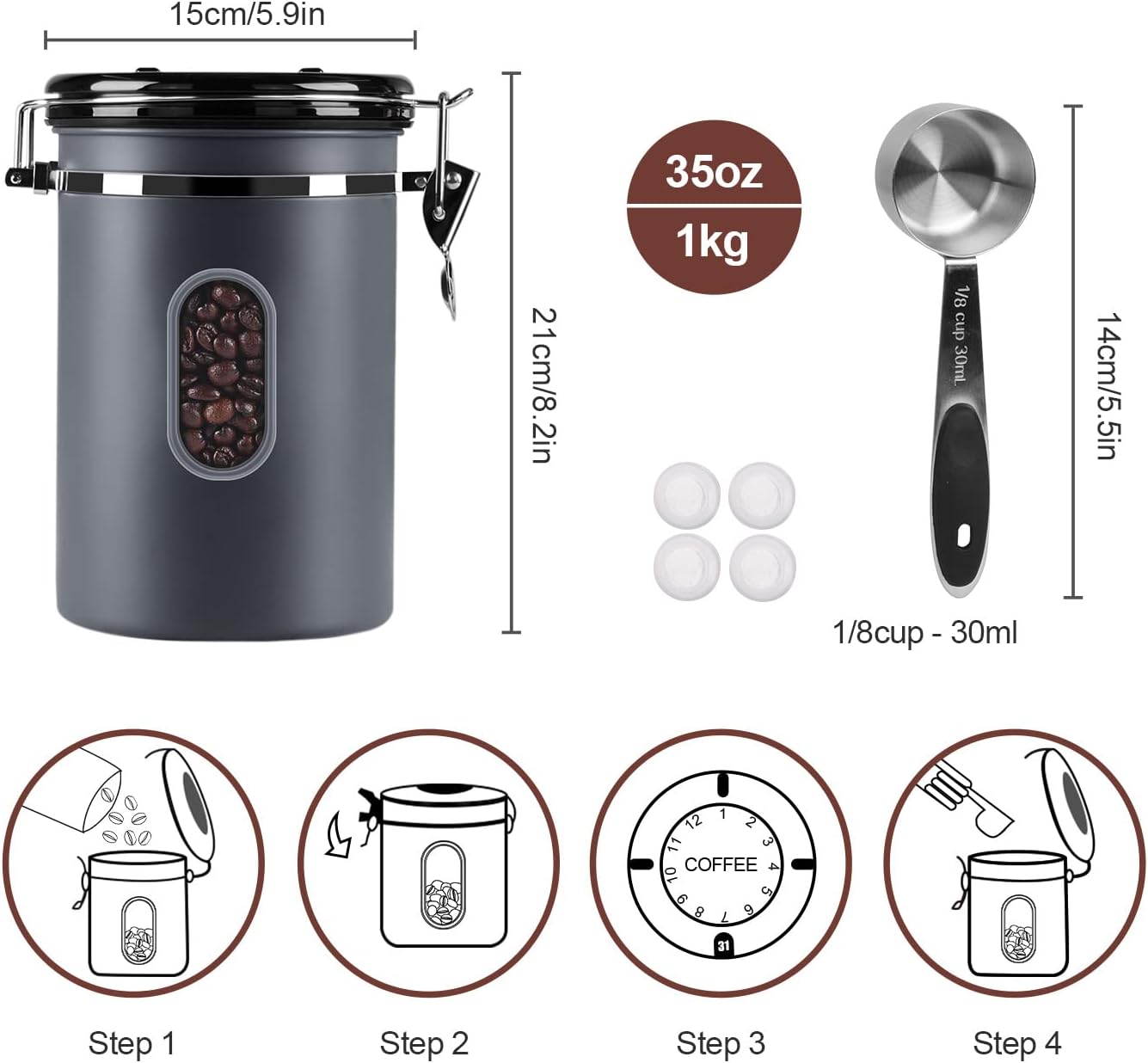 ROCKY&CHAO 2800ML Coffee Canister with Date Tracker&Transparent Window, 35OZ Coffee Container with 30ML Measure Spoon&4 co2 Valve, Coffee Bean Storage Container for Grounds Coffee, Beans, Tea(Gray)