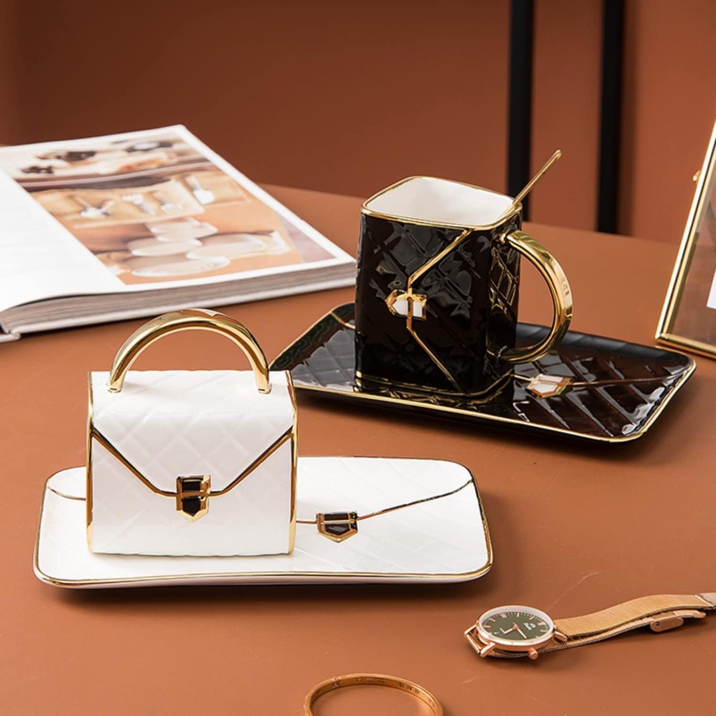 YnsfreeCeramic Purse Coffee Mugs Set Tea Cup Unique Bag shaped mug and Saucer Set with Spoon and Saucer For Women Thanksgiving Christmas Gifts (Pink)