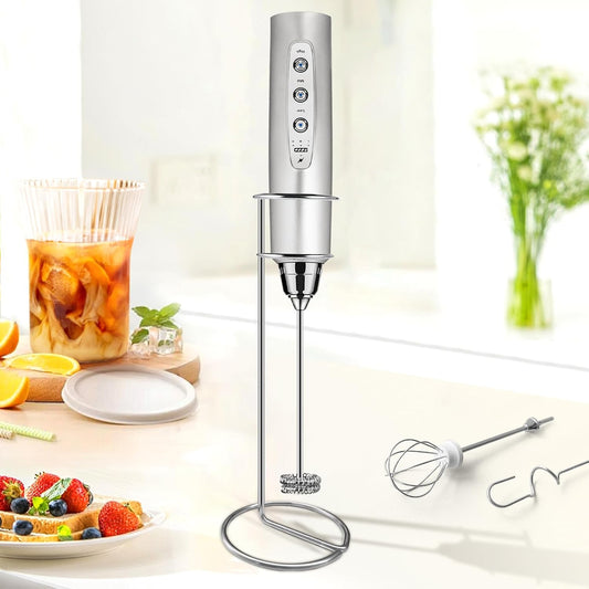 Milk Frother with Stand Rechargeable-Handheld Frother Wand with 3 Stainless Whisks 3 Speed Adjustable, Electric Whisk Drink Mixer, Foam Maker Blender for Matcha Latte Cappuccino Chocolate