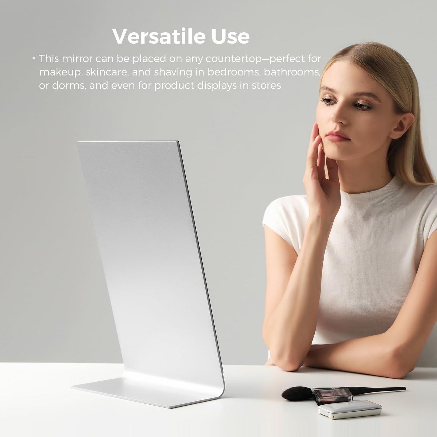 Frameless Makeup Mirror for Desk, 15 Inch Aluminum Standing Table Mirror, Large Counter Top Mirror