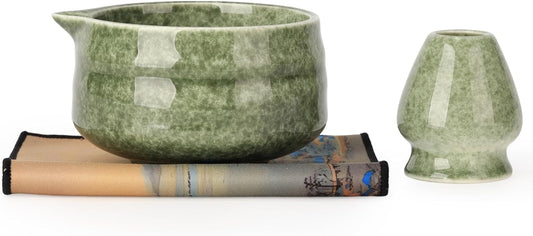 Japanese Ceramic Matcha Bowl - 16oz Speckle Glaze Chawan & Whisk Stand for Perfect Froth, Dishwasher Safe Green