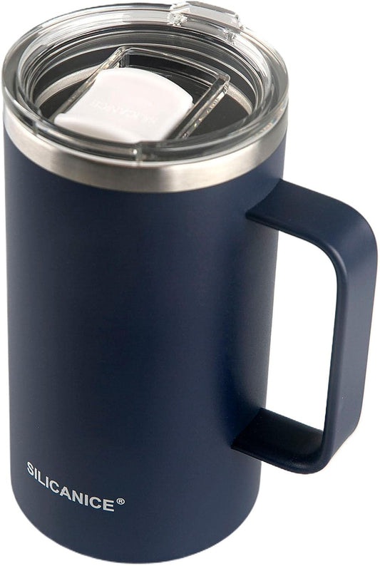 24 oz stainless steel glass with handle double-wall insulation, easy to hold and clean, suitable for coffee, beverages, cola, protein powder, beer Navy