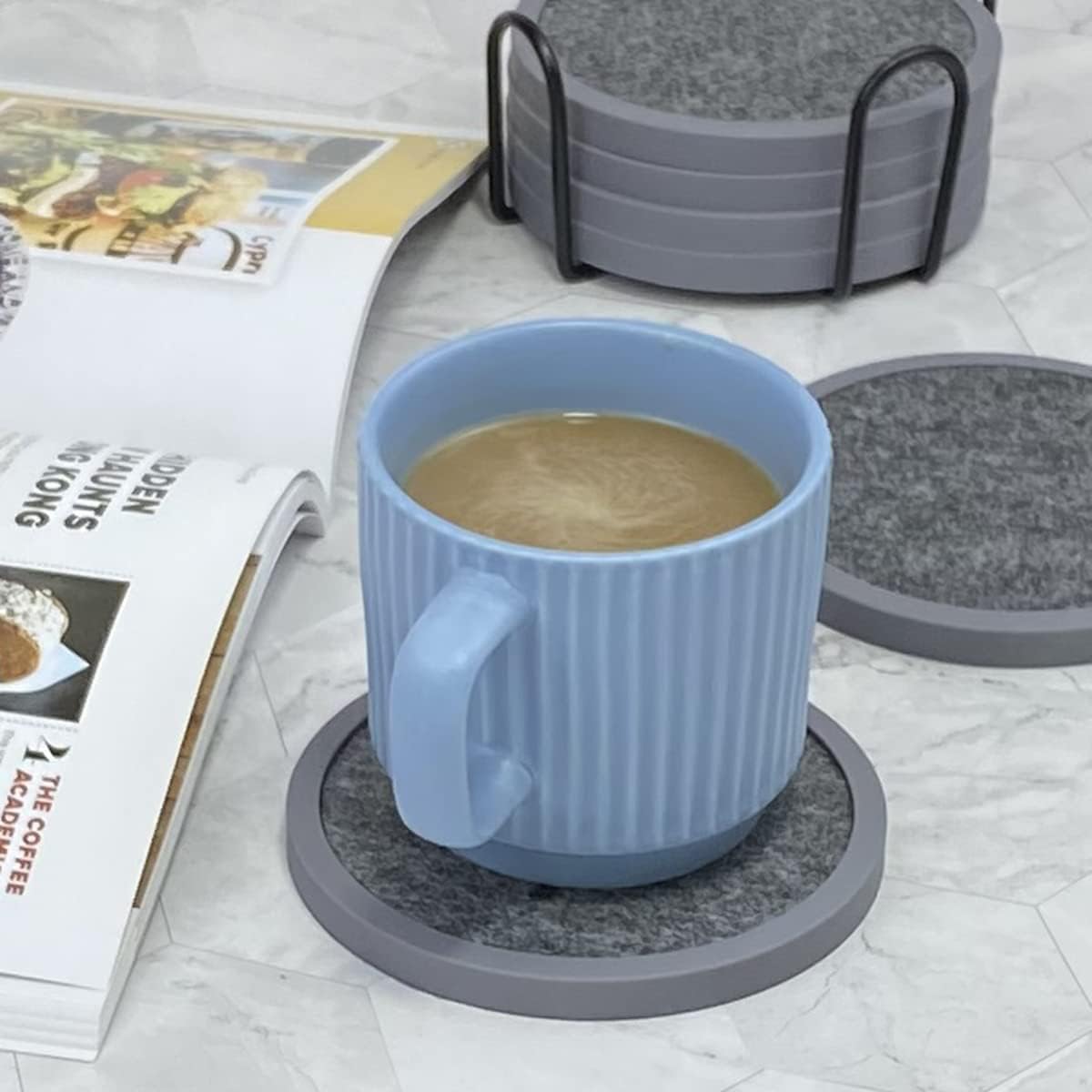 Absorbent Coasters for Drinks with Holder - 6packs, Silicone Coaster with Soft Felt Insert (4.3 inch Coasters with 4.5 inch Holder, t, Black and Gray)