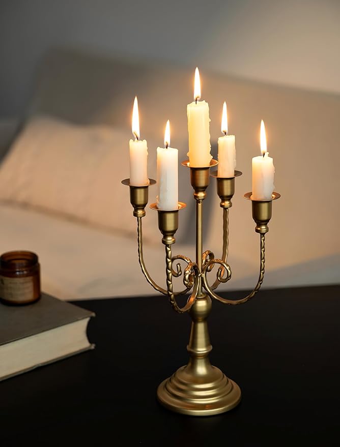 Sziqiqi Gold Candlestick Holder Candelabra - Taper Candle Holders for Wedding Centerpiece 5-Arms Candle Stick Stands for Candlelight Dinner Table Christmas Mantel Festivals