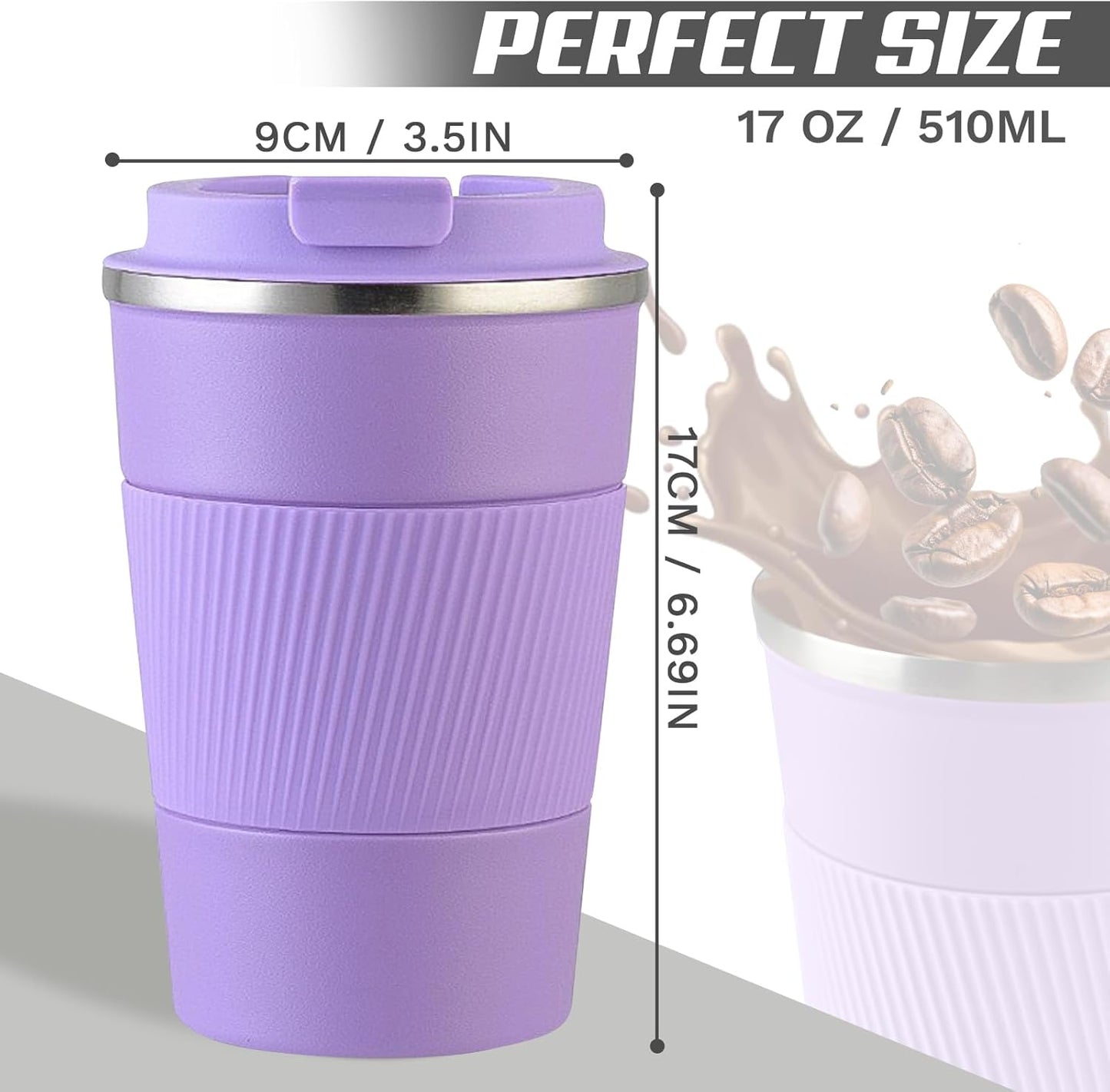 Vacuum-Insulated Stainless Steel Travel Coffee Mug, Leak-Proof Reusable Coffee Cup with Lid - Keep Hot & Cold Drinks for Hours, Durable Thermos Tumbler for Men & Women (3rd-Purple, 17OZ)