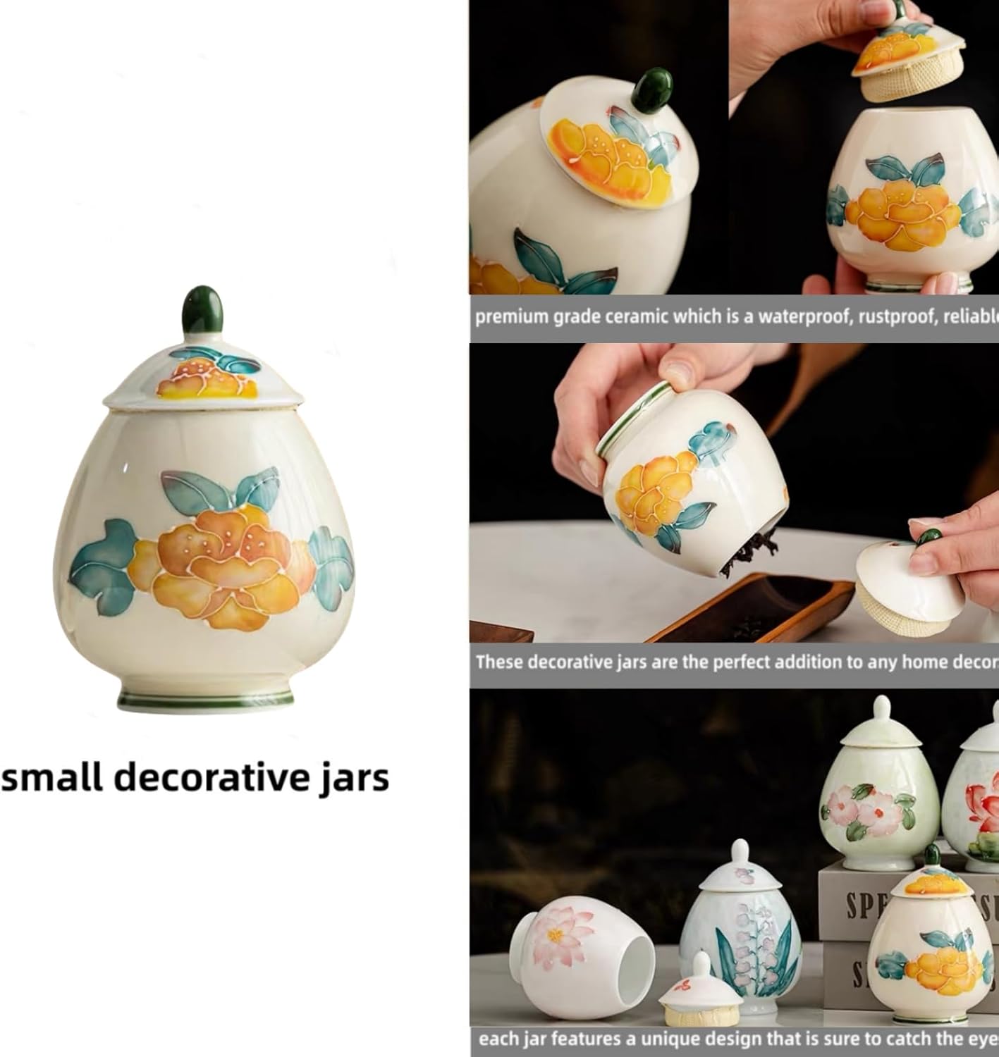 flowers Small Ginger Jar - 4 inches yellow decorative Ceramic Ginger jars with Lid， chinoiserie gift small jars for Home decor/jewelry/Tea/coffee beans/Storage