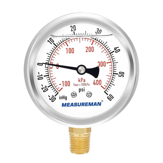 MEASUREMAN 2-1/2" Dial Size, Glycerin Filled Pressure Gauge, 30inHG-60psi, 304 Stainless Steel Case, 1/4" NPT Lower Mount