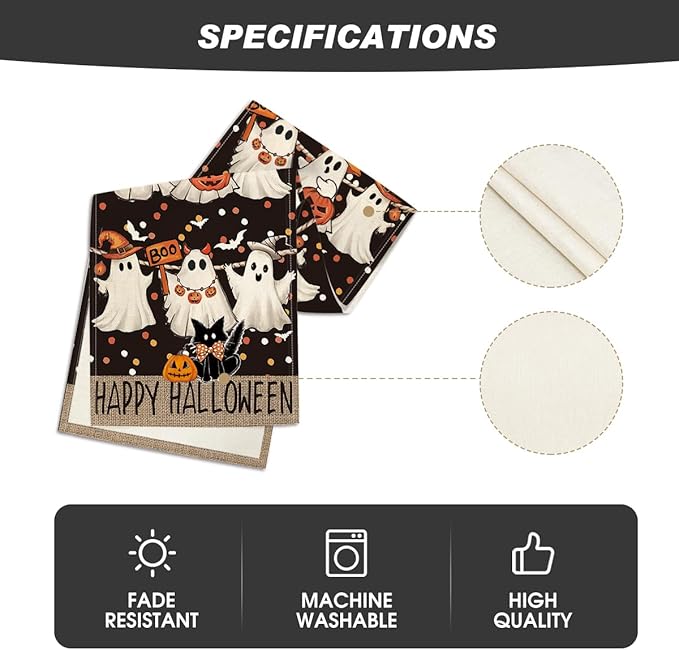Artoid Mode Ghost Jack-O'-Lantern Black Cat Halloween Table Runner,Holiday Kitchen Dining Table Decoration for Home Party Decor 13 x 108 Inch