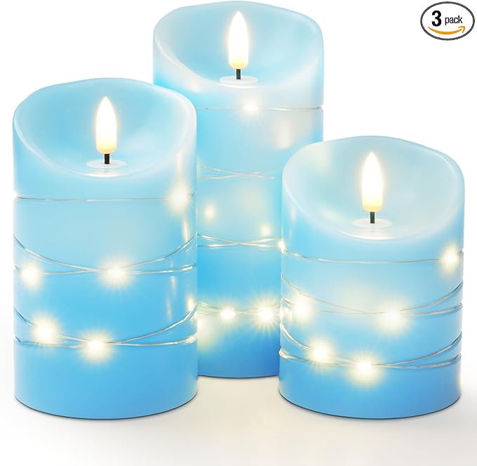 Homemory Flameless Candles with String Lights, 3 Pack Embedded Fairy String Lights LED Candles, Electric Flickering Candles with Remote Control and Timer, Real Wax, Blue