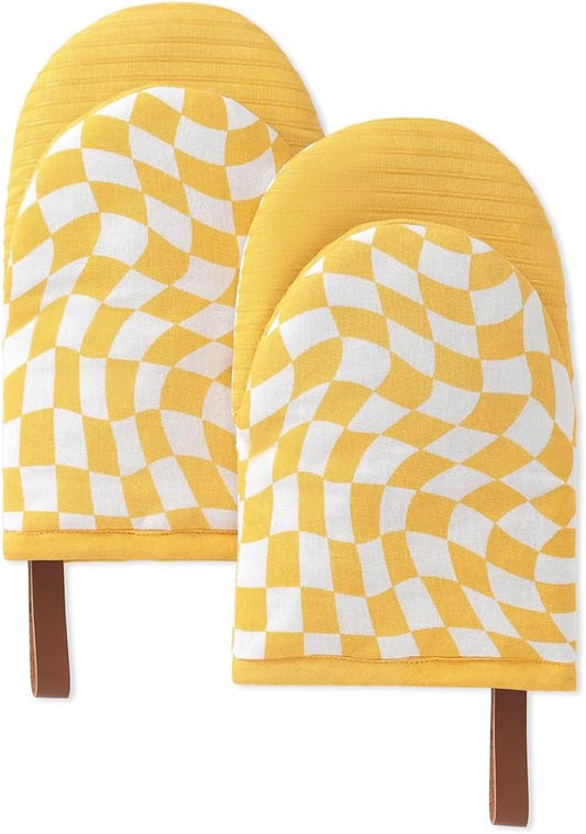Folkulture Mini Oven Mitts or Short Oven Mitts | (5.75 x 9) Set of 2 Cotton Yellow Oven Mits Heat Resistant for Kitchen Decor | Yellow Check Kitchen Mittens or Oven Mitt with Hanging Loop