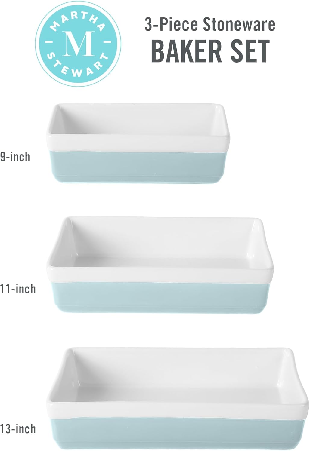 MARTHA STEWART 3 Piece Oven to Table Stoneware Bakeware, Baking Dish & Casserole Set - Dusty Blue