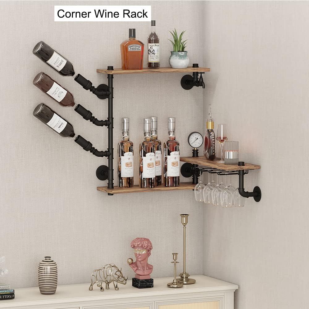3 Tier Industrial Wall Wine Rack, 46in Floating Bar Liquor Shelves with 4 Stem Glass Holder, Pipe Shelf Shelving Wine Glass Rack, Wine Rack Wall Mounted Living Room Kitchen Decor, Black