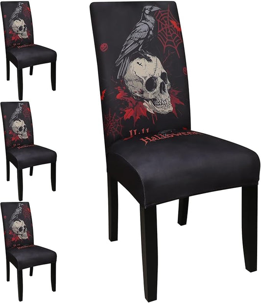 JQinHome Black Halloween Chair Slipcover,Skull Chair Covers Set of 4, High Stretch Washable Chair Protector Cover for Dining Room, Kitchen,Home Party,Wedding Ceremony(Skull Black,4PC)