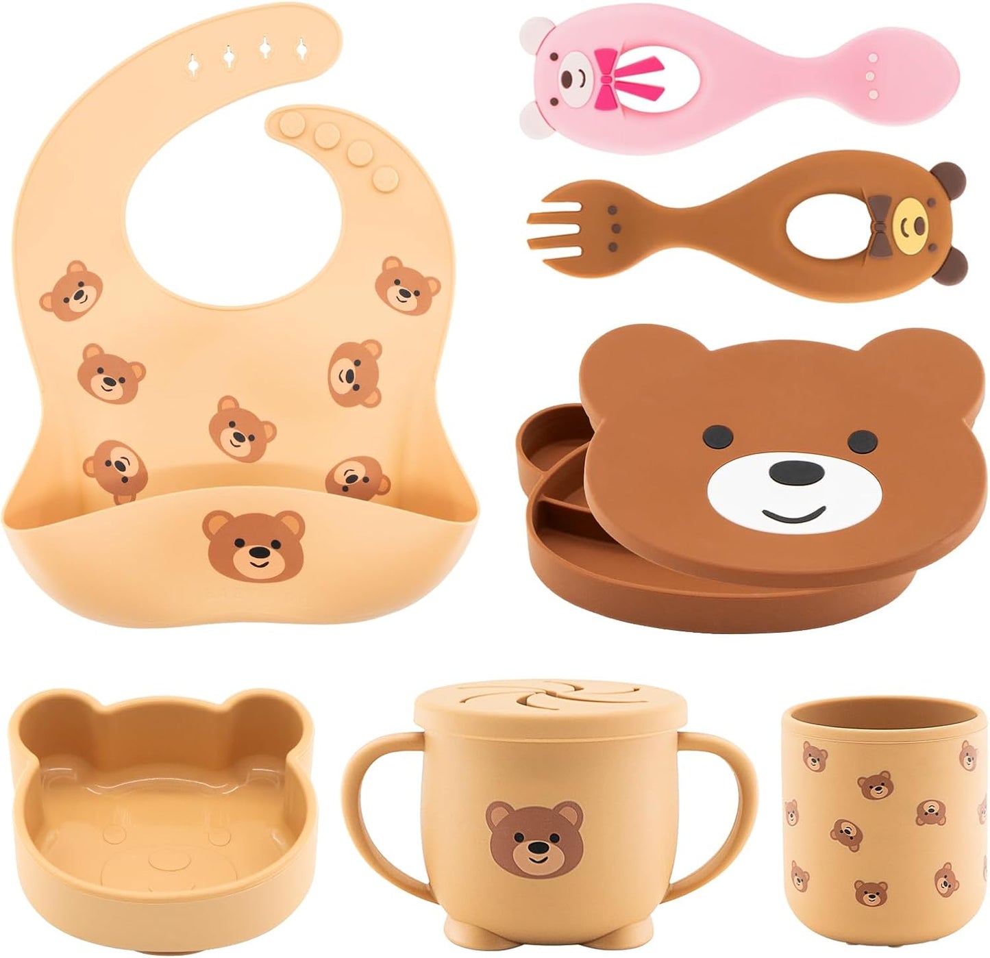 Silicone Baby Feeding Set 7 Pcs, Baby Led Weaning Supplies, Baby Feeding EatincSupplies Set BPA Free, Baby Essentialsfor Newborn Gift Bear