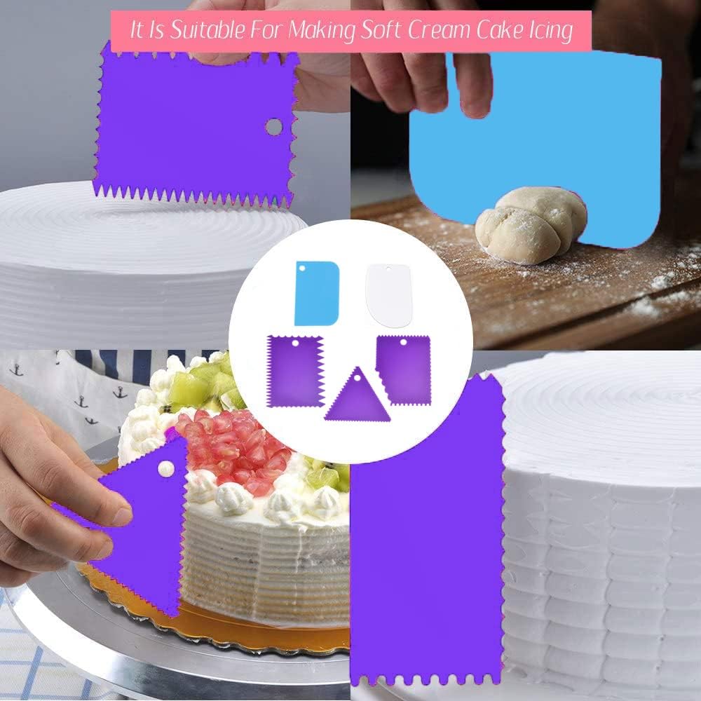 Cake Smoother Scraper Dough Scraper Tools Set,Cake Icing Scraper Smoother,Reusable Bread Cream Pizza Cutter,Flexible Plastic Pastry Cutter,For Baking Cake Edge Stripe Decorating Comb(5Pcs,Multicolor)