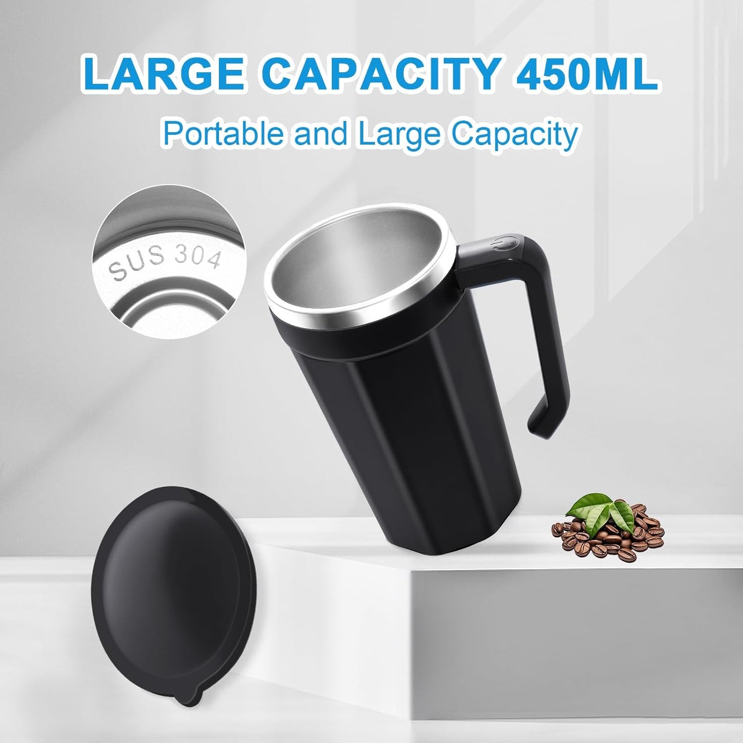 Self Stirring Coffee Mug with Temperature Display, 15oz Automatic Magnetic Mixing Cup, Rechargeable Travel Mug for Coffee, Milk, Cocoa - (Black)