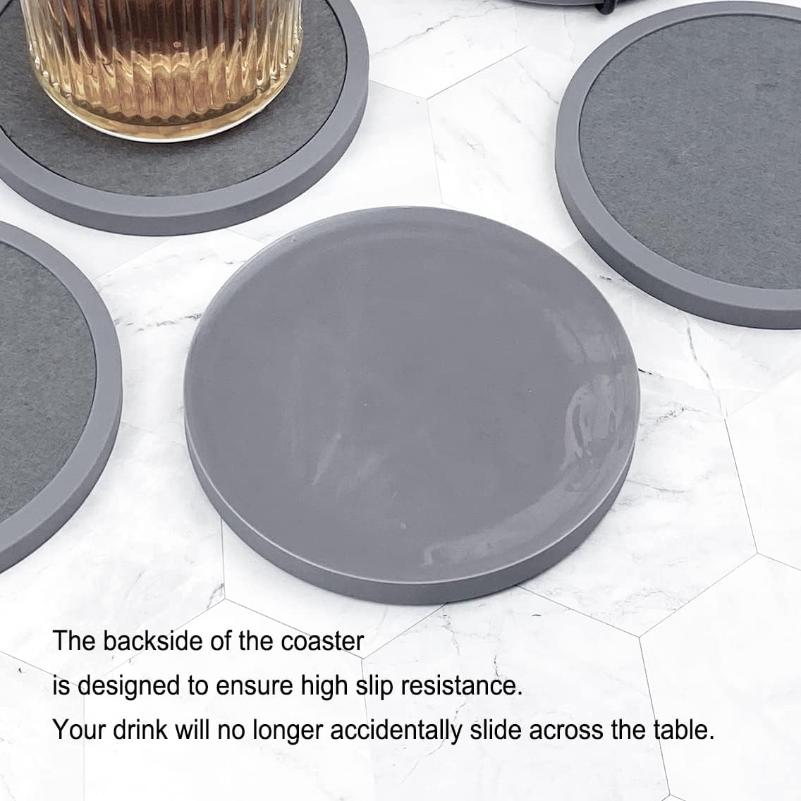 Absorbent Coasters for Drinks - 6Packs, Silicone Coasters with Soft Felt Insert (4.3inch, Gray)