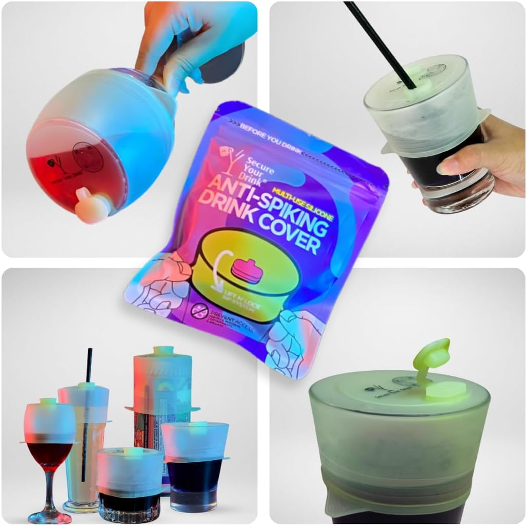 Multi-Use Silicone Anti Spiking Drink Cover Protector With Lift N’ Lock Sip System (1 Pack). Spiking, Spill and Contaminant Prevention. Fits Most Cups And Glasses, Straw Compatibility and Reusable.
