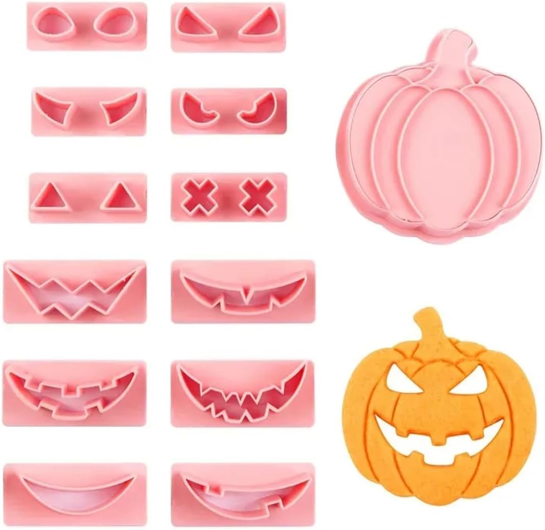 13Pcs Halloween Cookie Cutter Set Pumpkin Face Halloween Cookie Mold Biscuit Mold 3D Hollow Out Pumpkin Cake Baking Fondant Embosser Stamps Halloween Party DIY Cake Decorating Tools (A)