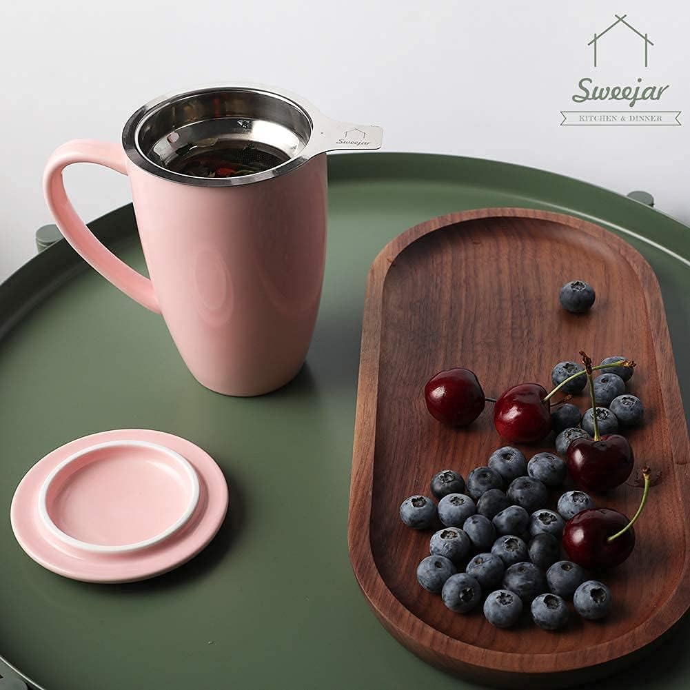 Sweejar Porcelain Tea Infuser Cup with Lid, 16 oz Tea Cup with Strainers for Loose Leaf Tea, Microwave and Dishwasher Safe Coffee Mug, Tea Steeping Mug for Tea Drinkers,Christmas Gift (Pink)