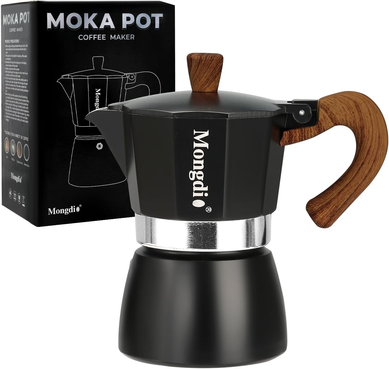 Mongdio Stovetop Espresso Maker Moka Pot, Cuban Coffee Maker Stove top coffee maker Moka Italian Espresso Greca Coffee Maker Brewer Percolator, 3 Espresso Cups, 5 oz - Black