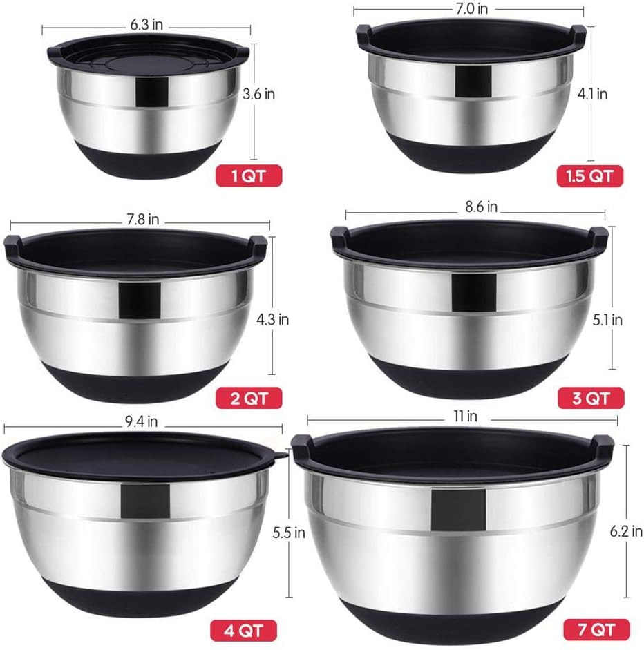 Mixing Bowls Set with Airtight Lids, 20PCS Stainless Steel, Nesting Bowls with 3 Grater Attachments & Non-Slip Bottoms, Size7, 4, 3, 2, 1.5, 1QT Bowls for Baking&Prepping