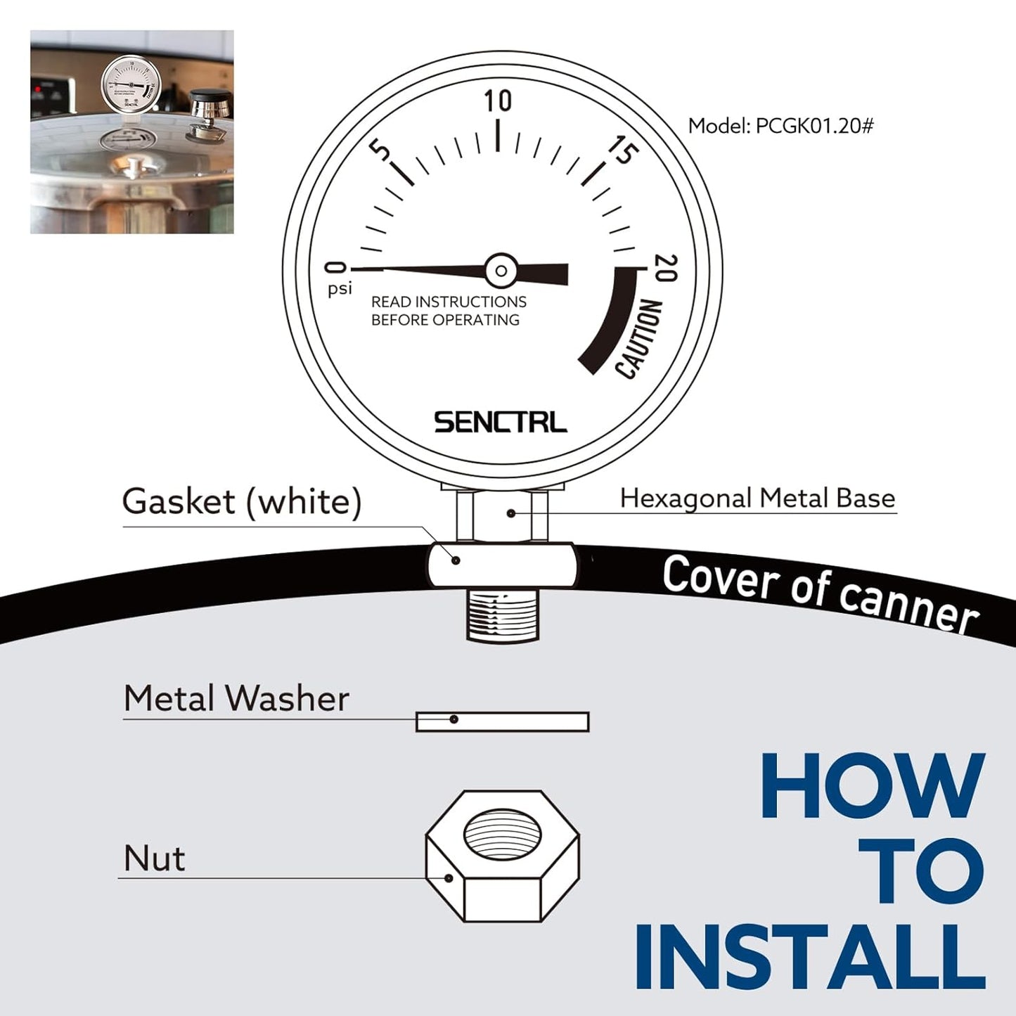 SENCTRL 20 Psi Pressure Cooker Gauge Replacement Part, 2" Dial Size, Stainless Steel Case, 3/8" UNC Male Lower Mount, Waterproof, with Gasket, Metal Washer and Nut, for Steam Canner, Pressure Cooker