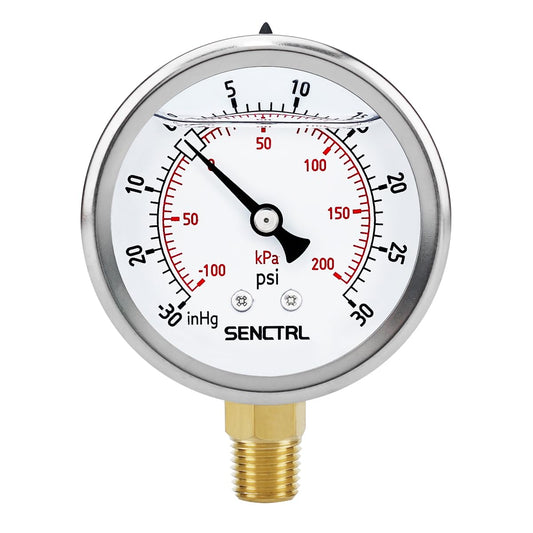 SENCTRL 30 inHg to 30 Psi Vacuum Glycerin Liquid Filled Low Pressure Gauge, 2.5" Dial Size, 1/4" NPT Lower Mount, Stainless Steel Case, for Air Conditioning Manifolds, HVAC, Air Pump Vacuum Test