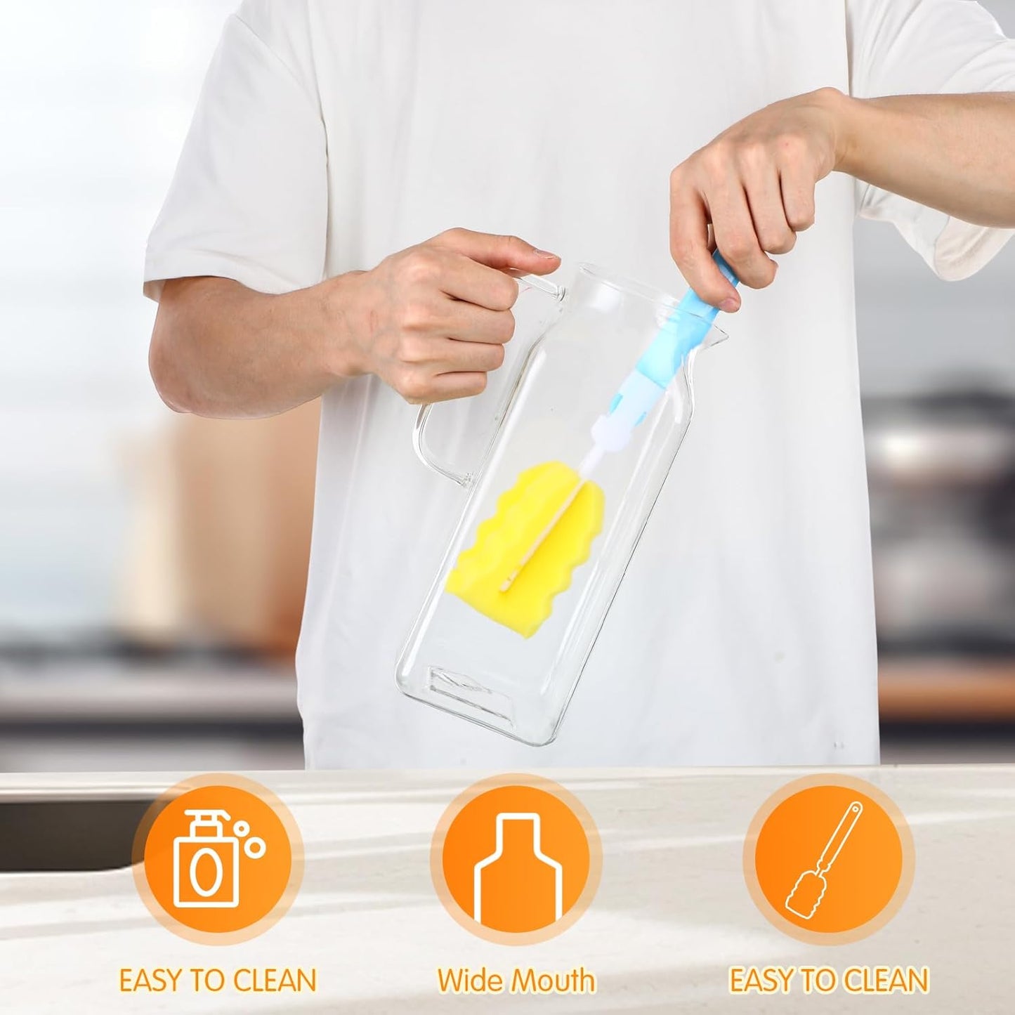 Nuogo 2 Pack 2 Liters/68 oz Square Glass Pitcher with Lid Spout Handle Water Pitcher Borosilicate Glass Carafe for Tea and Coffee Beverage Serveware Milk Water Juice Jug for Hot/Cold Drinks with Brush