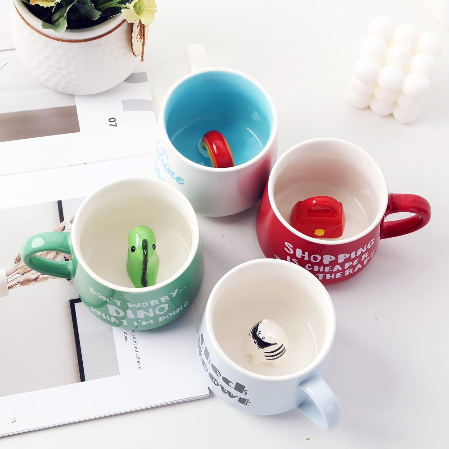 Dinosaur Ceramic Cup Hidden 3D Animal Inside Mug,12 oz Cute Cartoon Handmade Figurine Mugs,Christmas Birthday Surprise for Friends Family or Kids (Dinosaur)