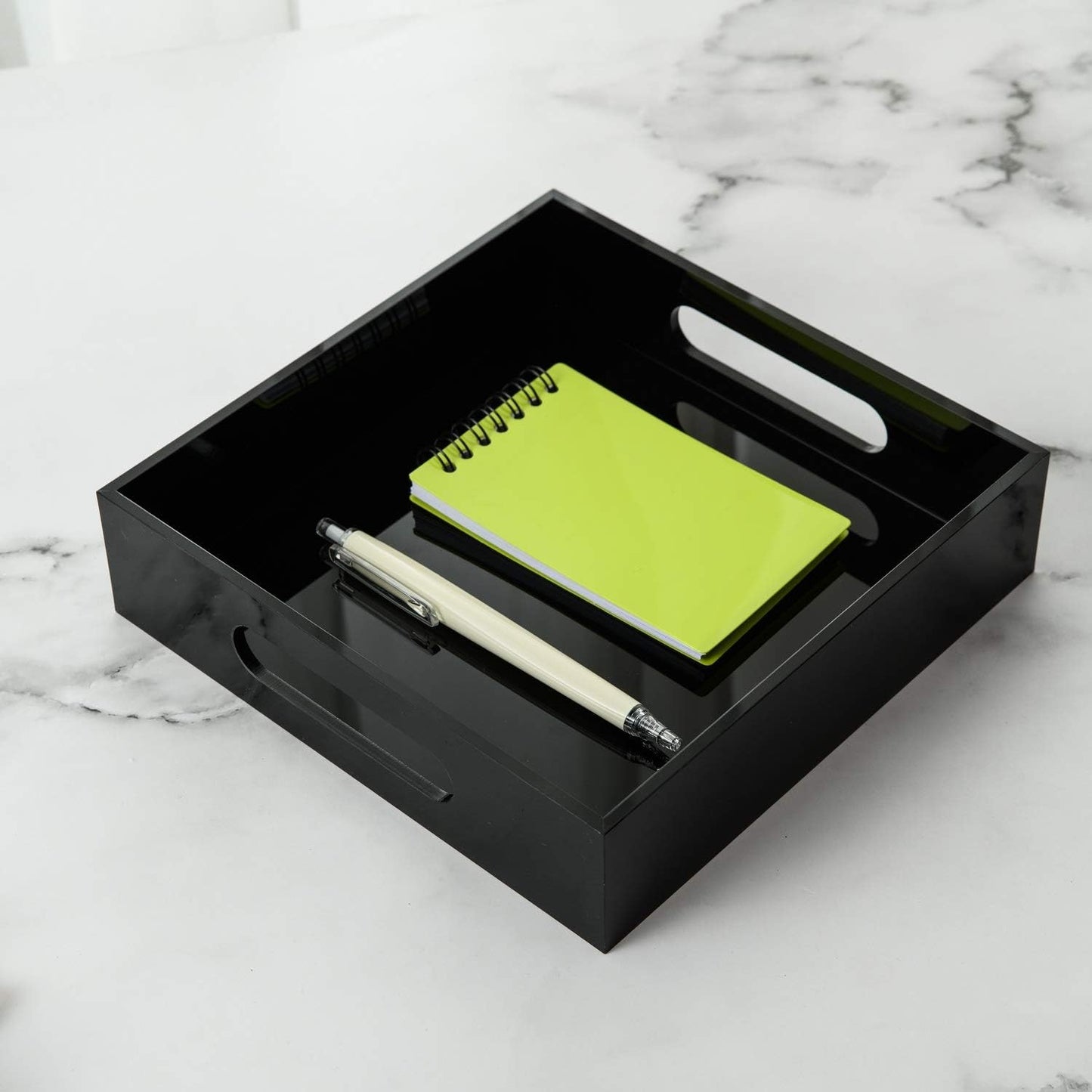 Black Sturdy Acrylic Tray with Handles-8x8 Inch- Countertop Organizer Tray for Kitchen,Bathroom,Office- Storage Box for Cosmetics, Jewelry,Toiletries,Toy,Gadgets
